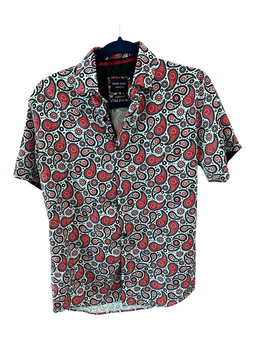 Men's Red Paisley Short-Sleeve Button-Down Shirt by Silver Stone